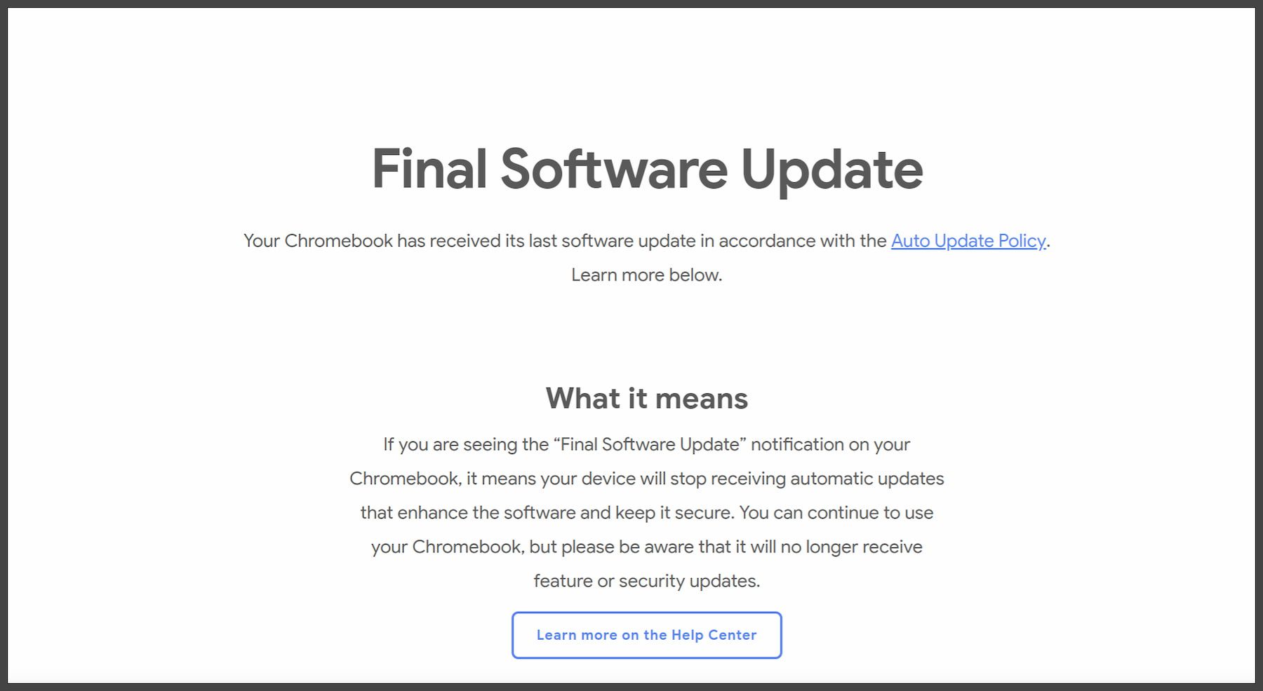 Notificación de actualización de software final de Chromebook
